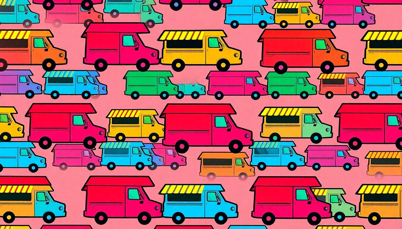 A bold, abstract silkscreen illustration featuring a repeated icon of a food truck in a grid of bright, neon-like colors, conceptually representing the energy and diversity of a food truck festival.