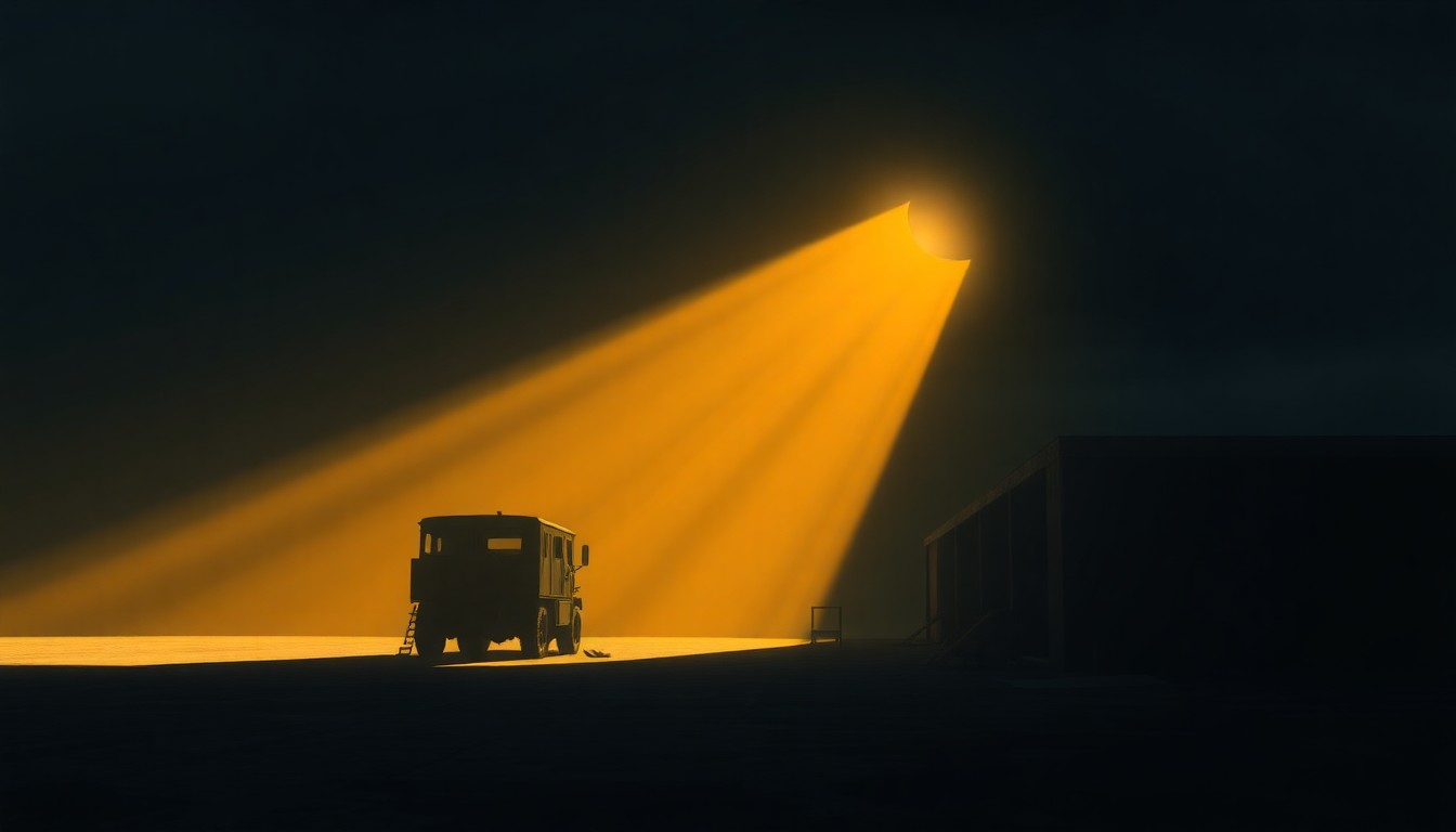 A serene, cinematic painting of a lone military vehicle or supply depot in a warm, sunlit setting, conveying the quiet importance of the MICC's contracting support during troop mobilization.
