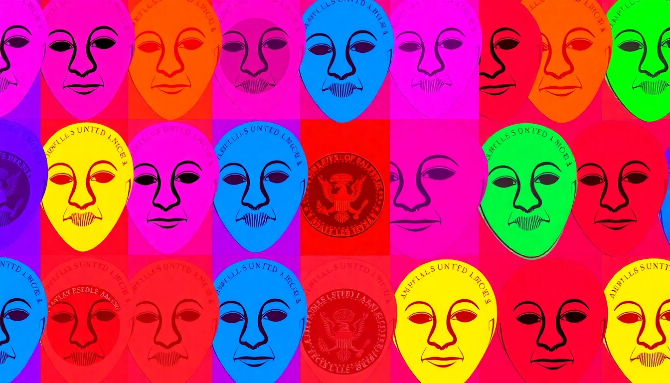 A vibrant, high-contrast silkscreen print featuring a repeated image of a theatrical mask or presidential seal in a grid of neon colors, conceptually representing the planned performing arts and presidential centers in Quincy.