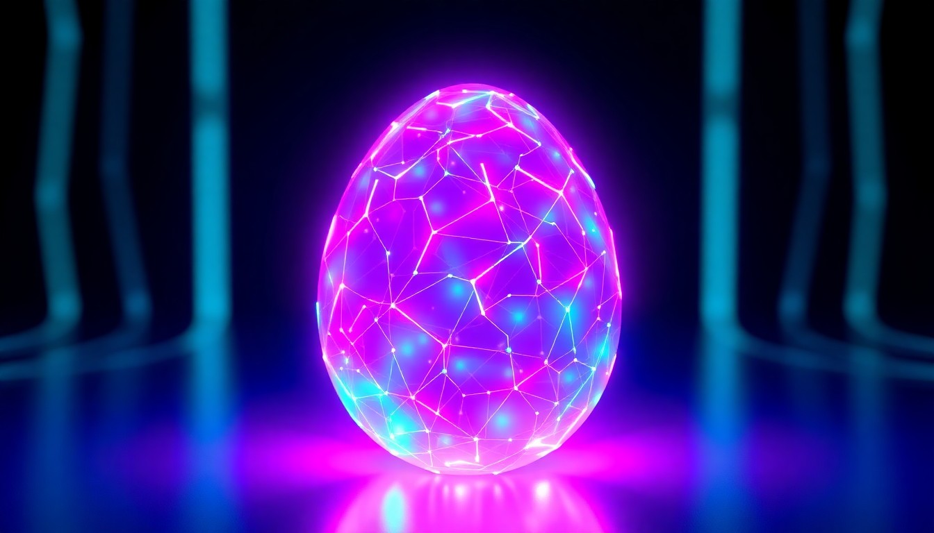 A highly detailed, 3D macro illustration of a glowing, neon-lit digital Easter egg, symbolizing the fusion of seasonal celebration and cutting-edge AI technology.