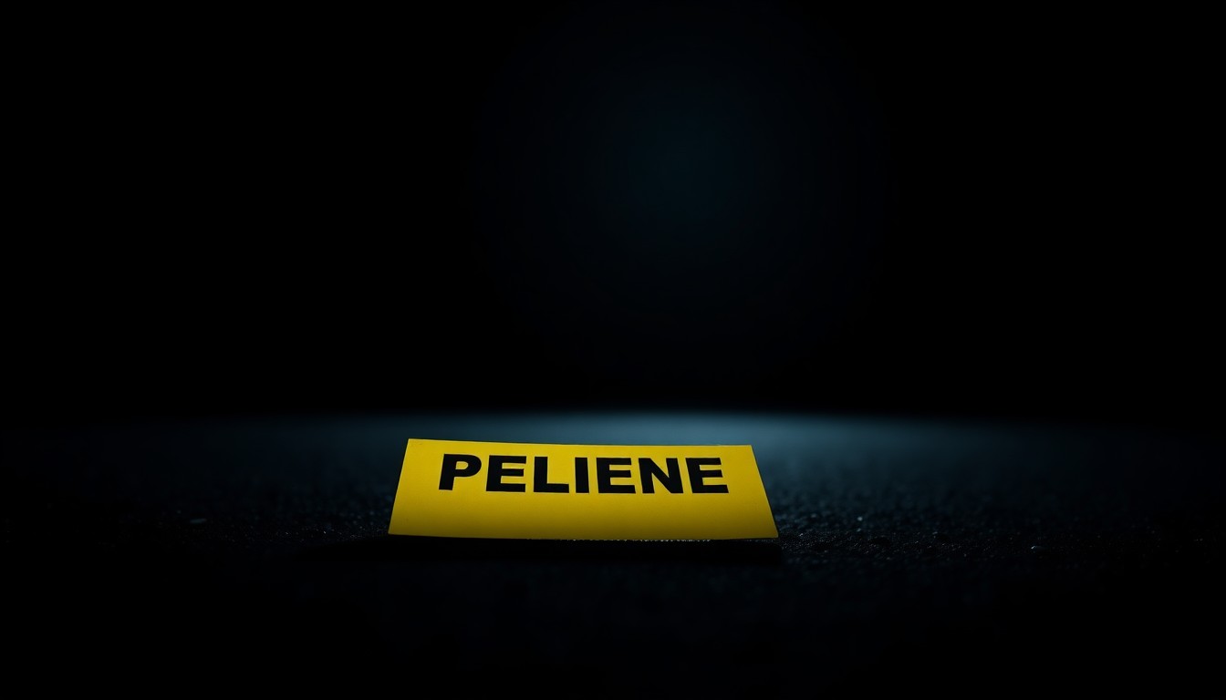 An extreme close-up of a police evidence marker on the ground, capturing the stark, investigative mood of the scene without depicting any violence or victims.