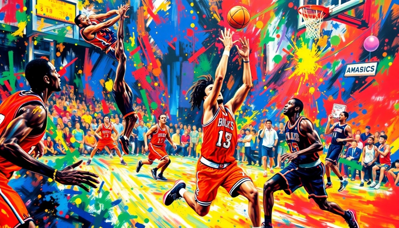 A vibrant, abstract painting in the style of LeRoy Neiman, featuring explosive brushstrokes of neon colors that capture the raw energy and intensity of a basketball game, with players' forms dissolving into unrecognizable splatters of color.