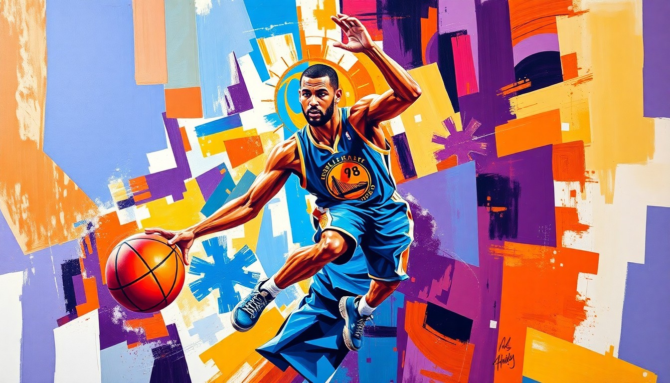 A cubist-style painting depicting a basketball player's body broken into sharp, overlapping geometric shapes in a vibrant color palette, conveying the fragmented physical and emotional experience of an unexpected health incident.