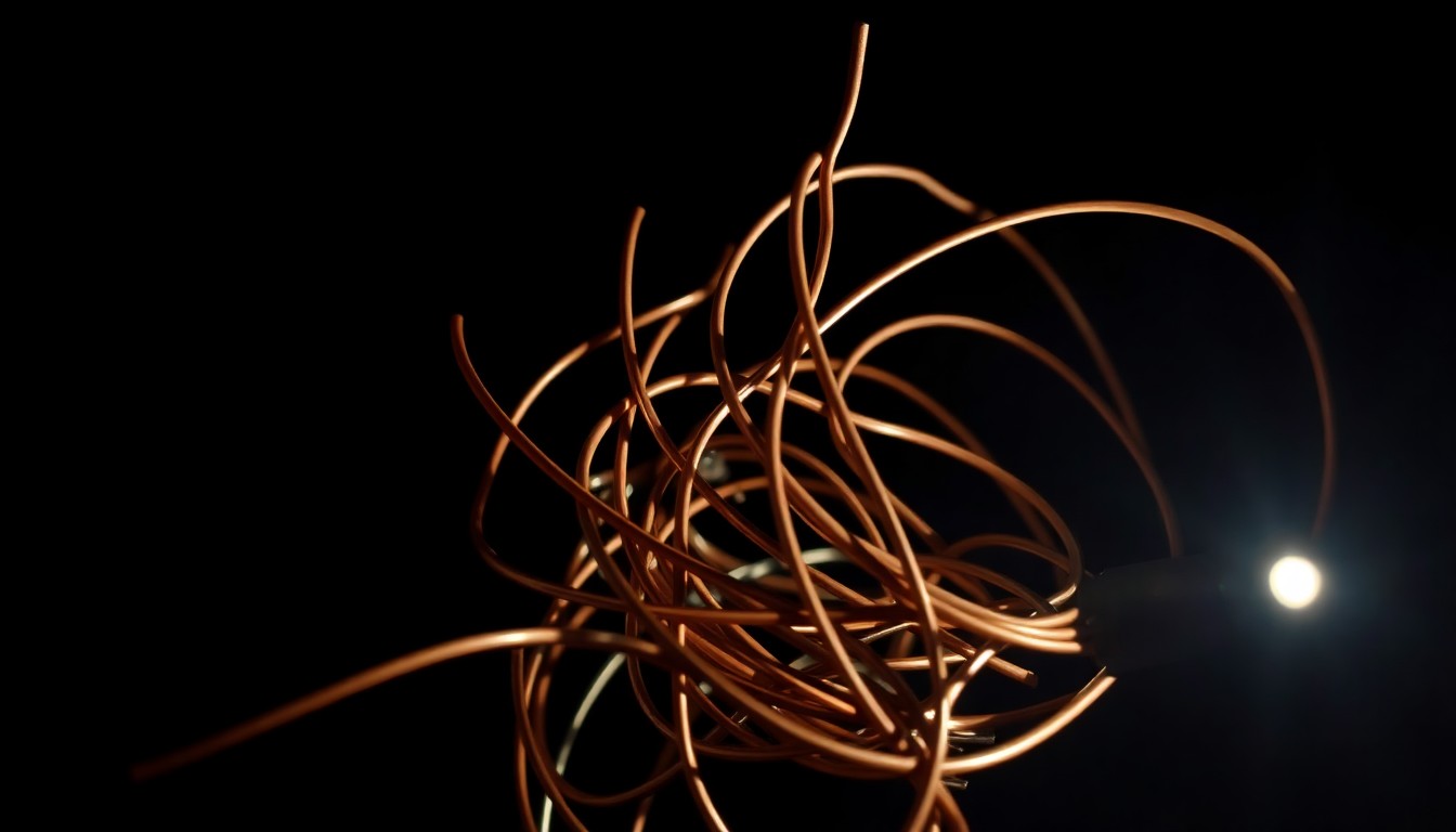 An extreme close-up photograph of a tangled bundle of copper wires, lit by a harsh, direct camera flash against a pitch-black background, creating a stark, gritty, investigative aesthetic.