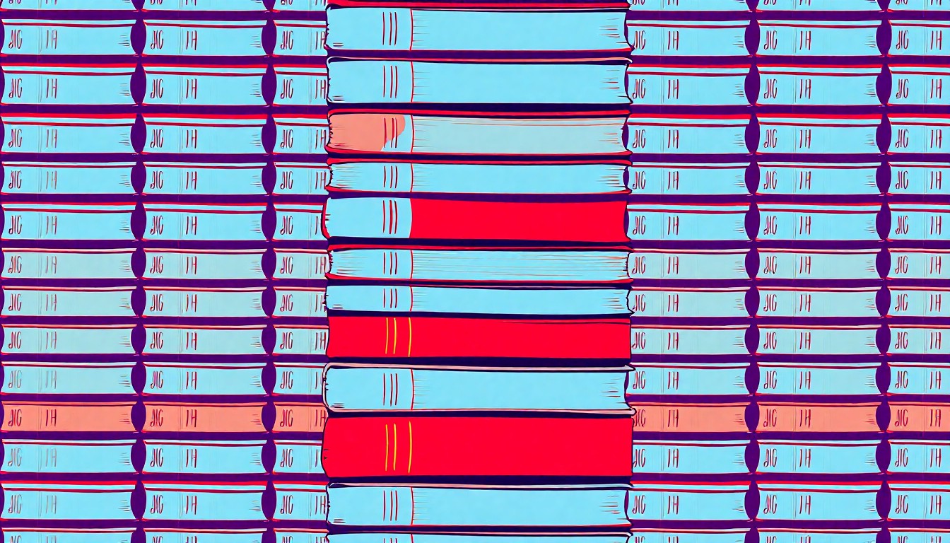 A brightly colored, high-contrast silkscreen print of a stack of college textbooks repeated in a tight grid pattern, conceptually representing the increased accessibility of higher education in Tennessee.
