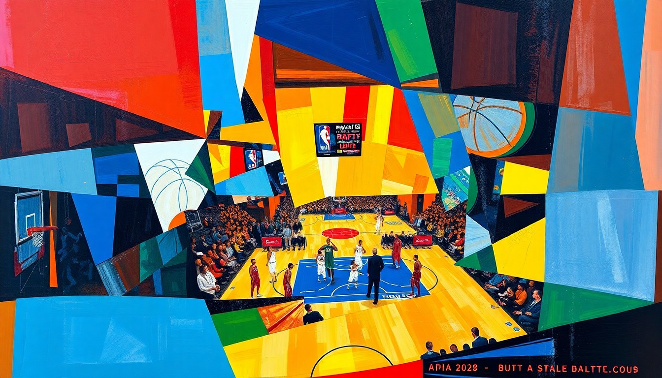 A cubist, geometric painting depicting a fragmented basketball game or draft lottery event, with sharp planes of color representing the energy and intensity of the NBA.
