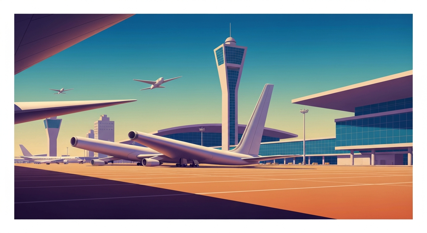 A bold, geometric illustration depicting the grand scale and streamlined forms of a modern airport terminal, with sweeping airbrushed gradients and towering forced perspectives, capturing the conceptual impact of the government shutdown on air travel operations.