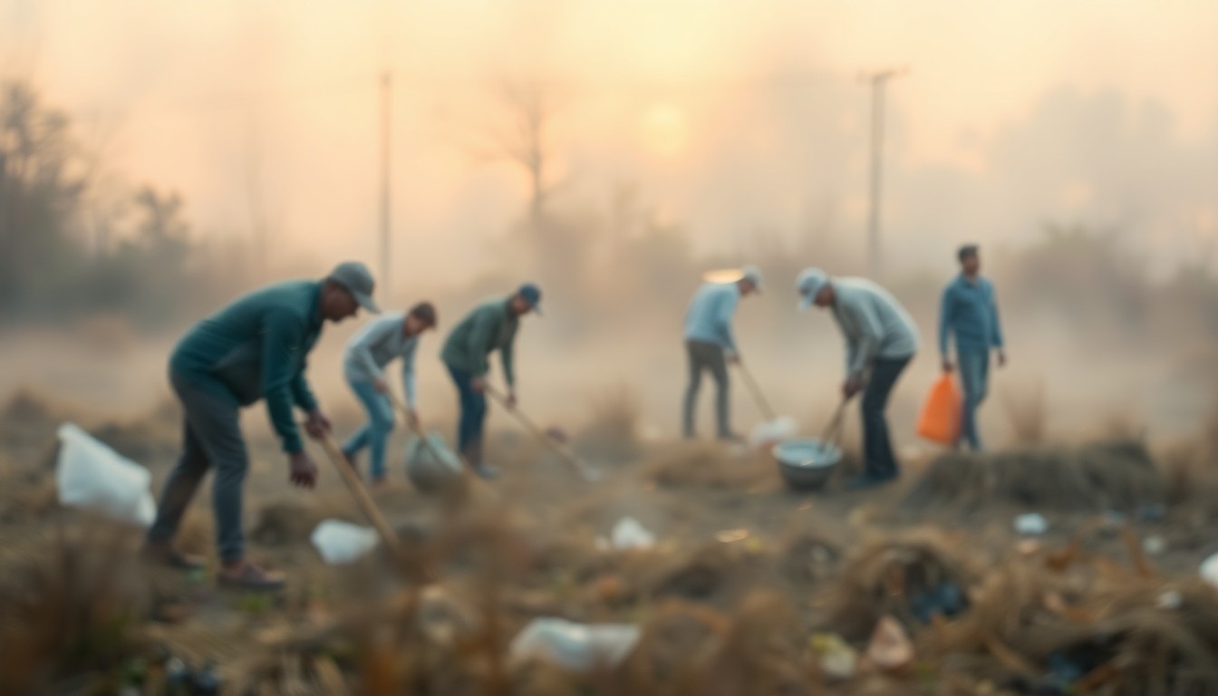 An abstract, impressionistic photograph in soft focus, depicting people working together in a natural setting, with blurred shapes and muted, earthy tones conveying a sense of community and environmental stewardship.