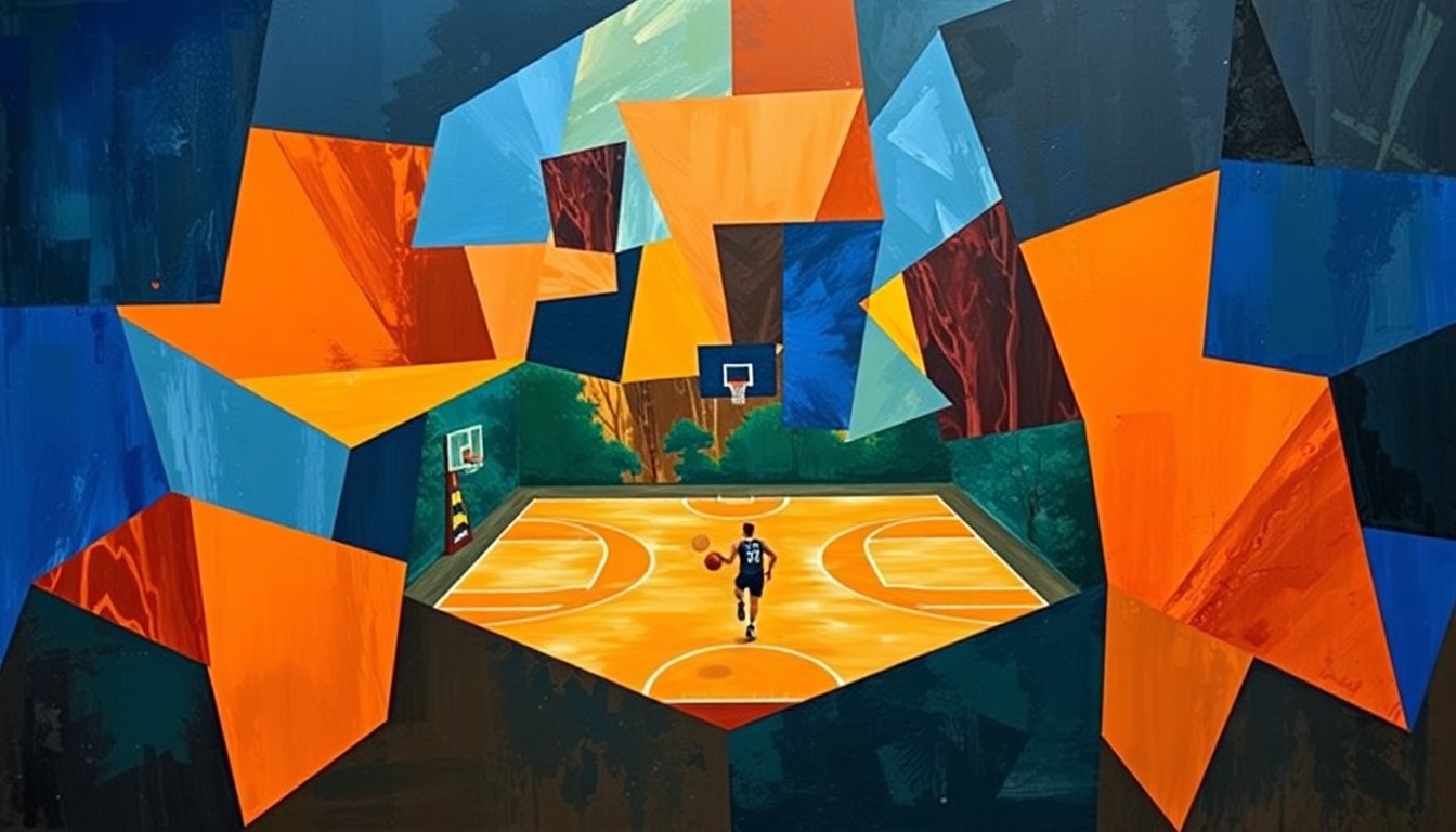A cubist, geometric painting depicting a fragmented basketball game, with sharp planes of color and overlapping perspectives, conveying the complex process of selecting a new head coach.