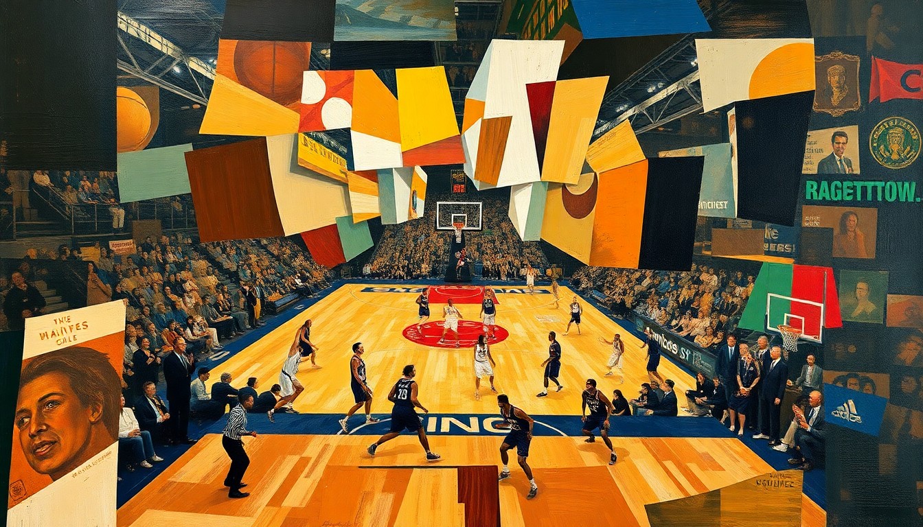 A cubist-style painting depicting a basketball game or match, with the players and court broken down into sharp, overlapping geometric shapes and planes, conveying the dynamic energy and multiple perspectives of the sport.