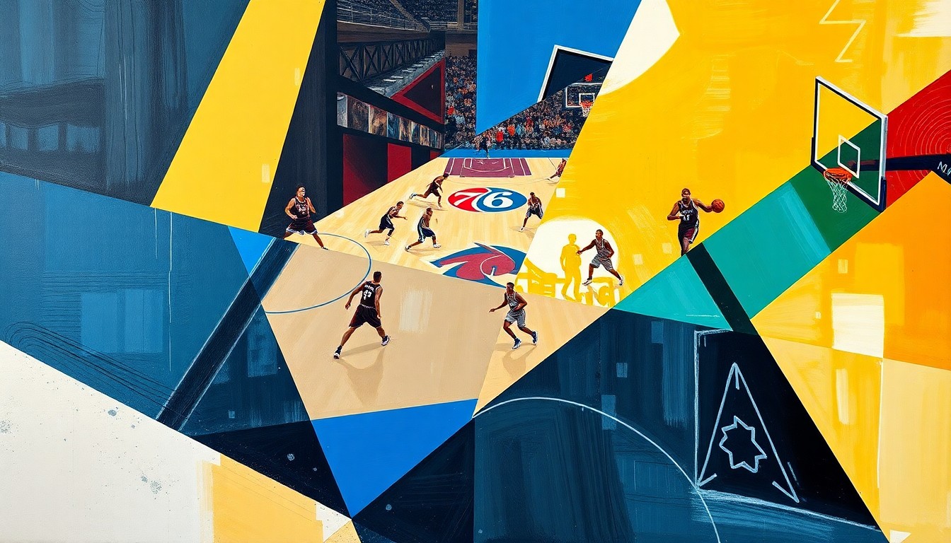 A fractured, multi-perspective painting breaking down a basketball game between the Philadelphia 76ers and Minnesota Timberwolves into sharp, overlapping geometric planes, capturing the intensity and energy of the competition.