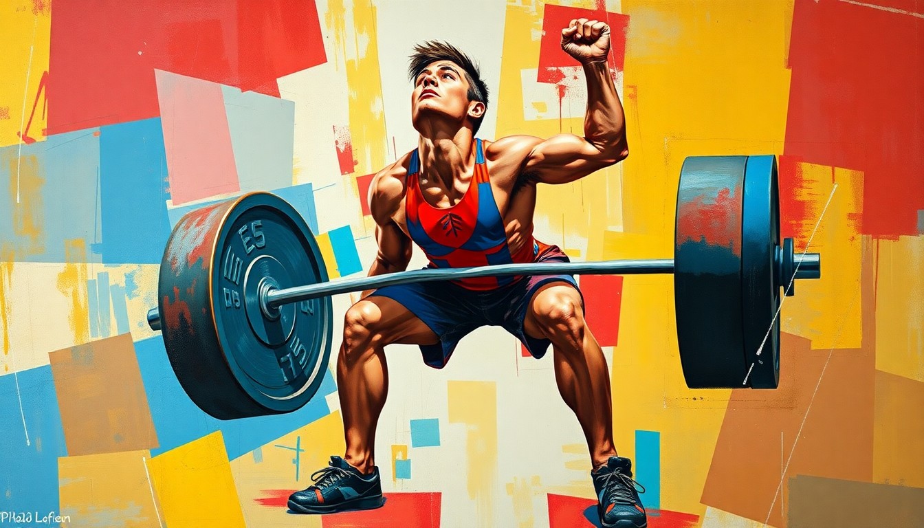 A fractured, multi-perspective painting depicting a young powerlifter in the midst of a deadlift, with sharp, overlapping geometric planes in vibrant colors capturing the explosive energy and raw athleticism of the sport.