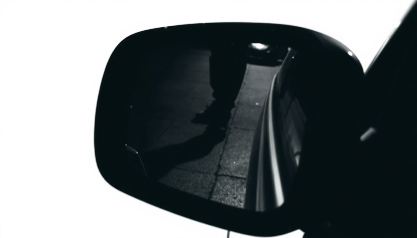 An extreme close-up of a broken car side mirror reflecting a faint outline of a pedestrian's shoe, captured in stark black and white with a harsh, direct camera flash to convey the sudden, gritty nature of the incident.