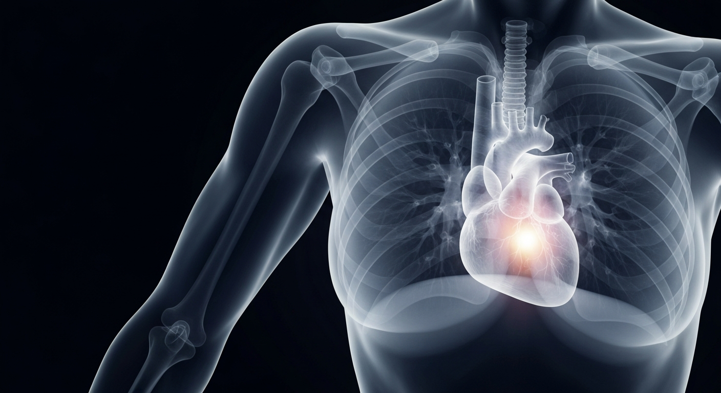 A translucent X-ray photograph revealing the internal structures of a runner's torso, with the heart and lungs glowing faintly, conceptually representing the resilience and recovery of a breast cancer survivor.