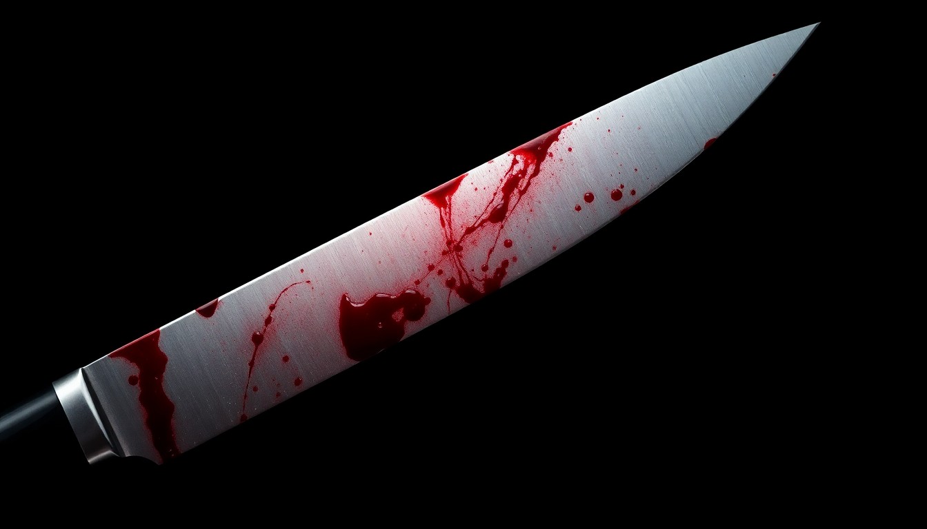 An extreme close-up of a single bloody knife blade, reflecting a harsh white light and casting dramatic shadows, conceptually illustrating the violence of a fatal stabbing incident.