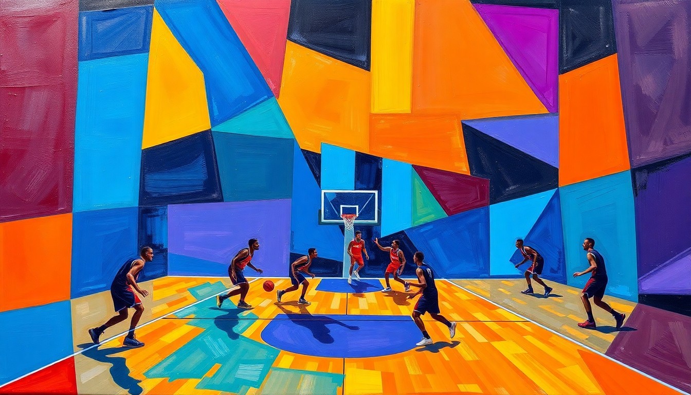 A fractured, geometric painting in vibrant colors depicting the climactic final moments of a basketball game, with players and the court reduced to abstract shapes and planes.