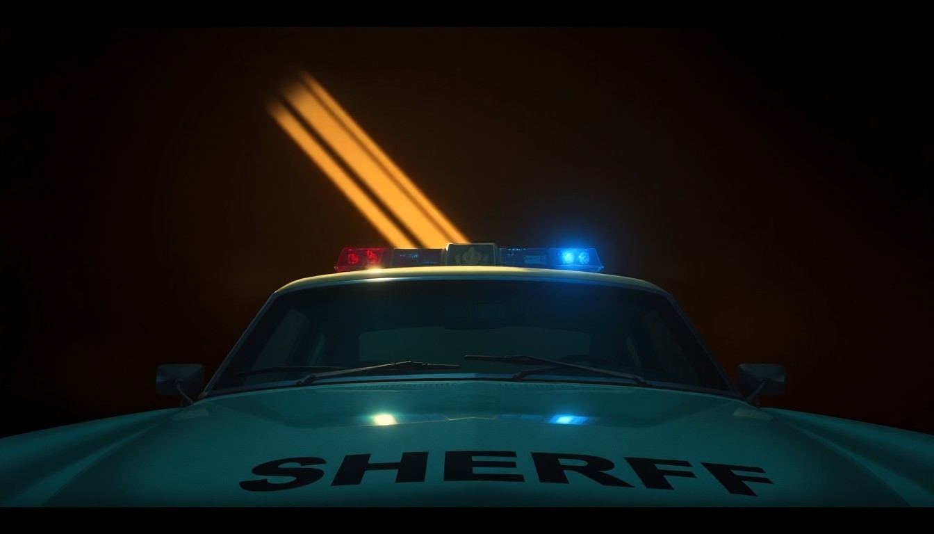 A serene, cinematic painting depicting a sheriff's badge or patrol car in soft, warm lighting, conveying a sense of quiet authority and community trust.