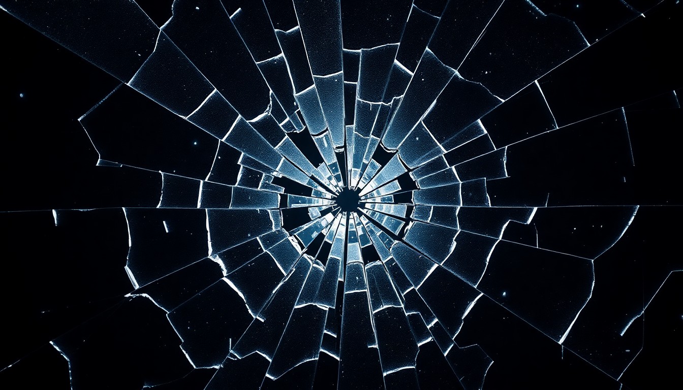 An abstract close-up photograph of shattered glass reflecting dramatic, high-contrast studio lighting, conceptually representing the divisive political climate.