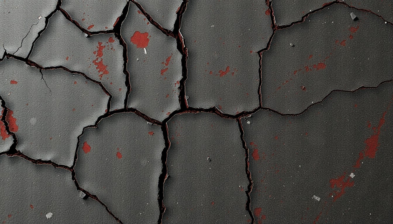 An extreme close-up of heavily textured, weathered concrete in shades of charcoal grey and rust red, conceptually representing the urban decay and violence of the 1970s New York City setting for the 'Macbeth' production.