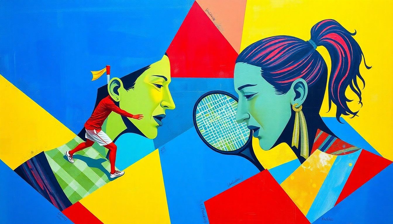 A cubist, geometric painting depicting a tennis match in motion, with overlapping planes of color and form representing the dynamic back-and-forth between the two players.