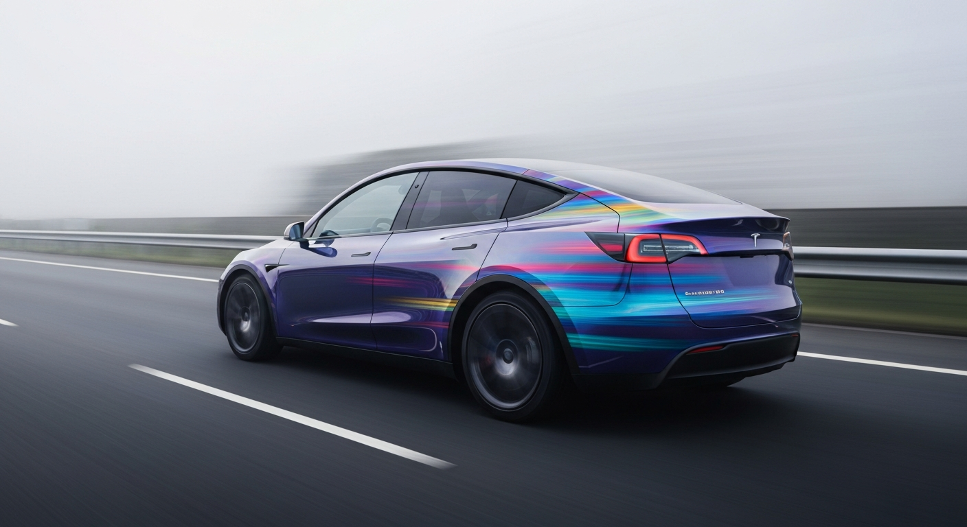 An abstract, colorful illustration depicting a Tesla electric vehicle in motion, with the car's body blurred into vibrant streaks against a hazy background, conveying a sense of speed, modern engineering, and sustainable mobility.
