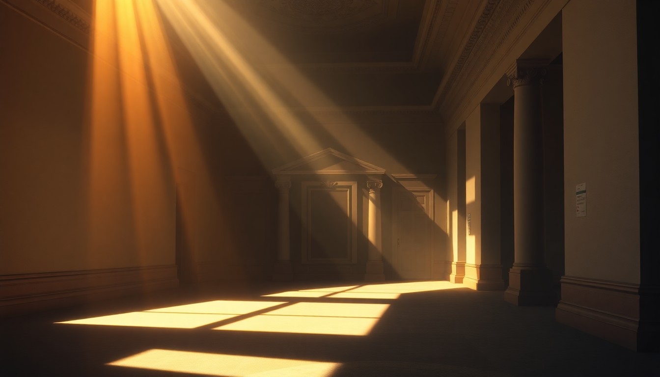 A dimly lit, cinematic painting of an empty government office or political building, with warm sunlight streaming through the windows and deep shadows covering much of the scene, conveying a sense of solitude and detachment from the outside world.