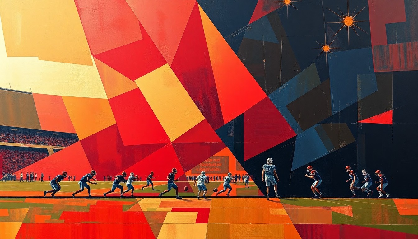 A cubist-style painting depicting a fragmented, geometric scene of football players and equipment, conveying the idea of transition and change within the tight end position.