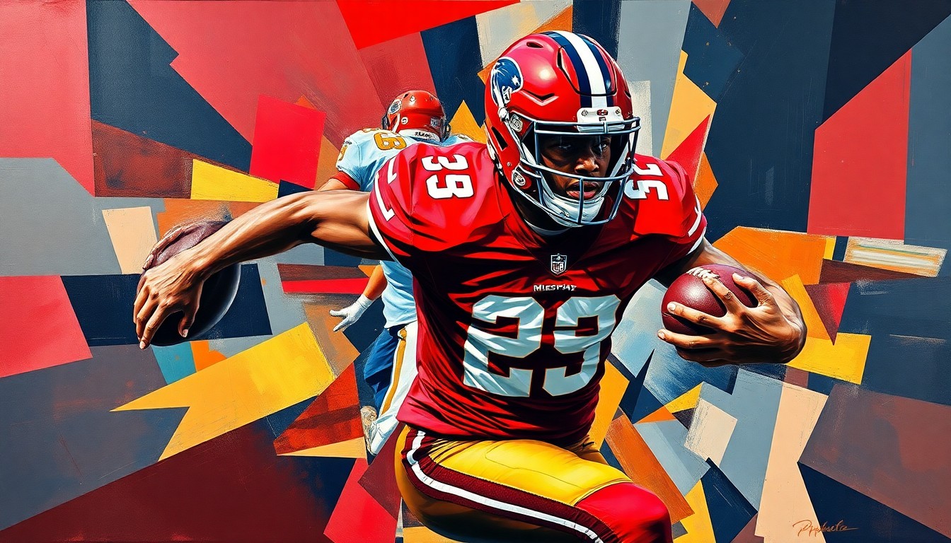 A cubist, geometric painting depicting a football player in motion, with sharp planes of color and overlapping shapes representing the dynamic nature of the sport.