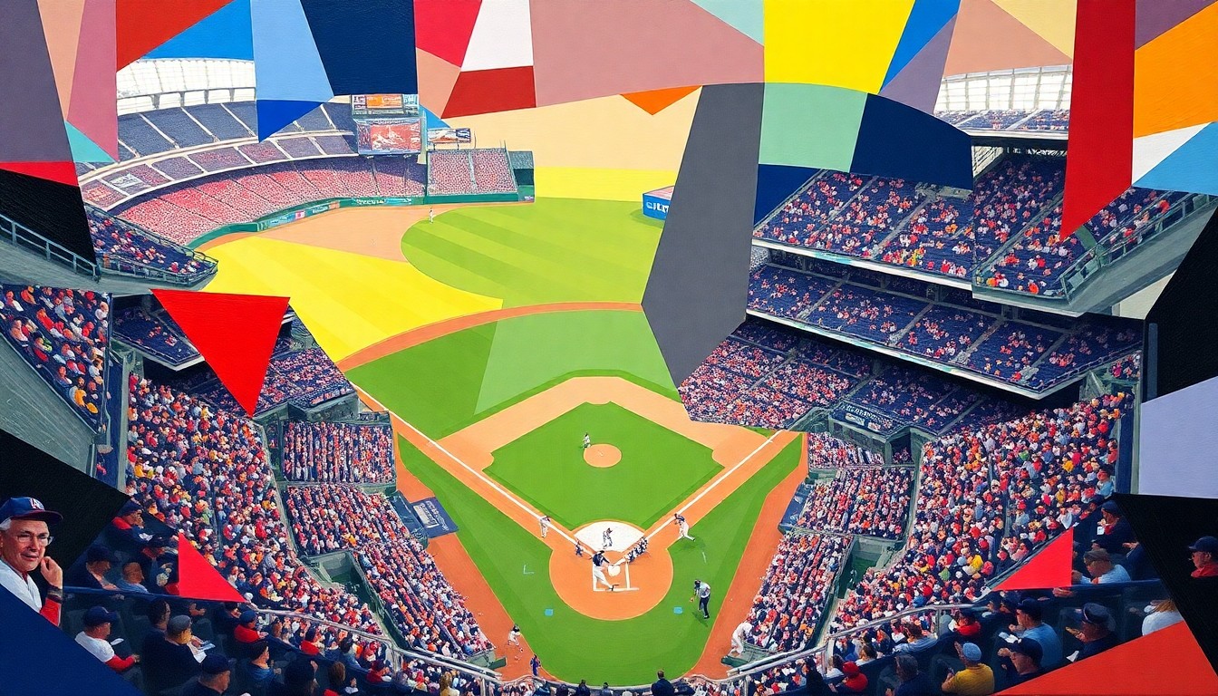 A vibrant, fragmented painting in the style of Pablo Picasso, depicting a baseball game at Progressive Field broken down into sharp, overlapping geometric shapes and planes of color, capturing the excitement and energy of the home opener.