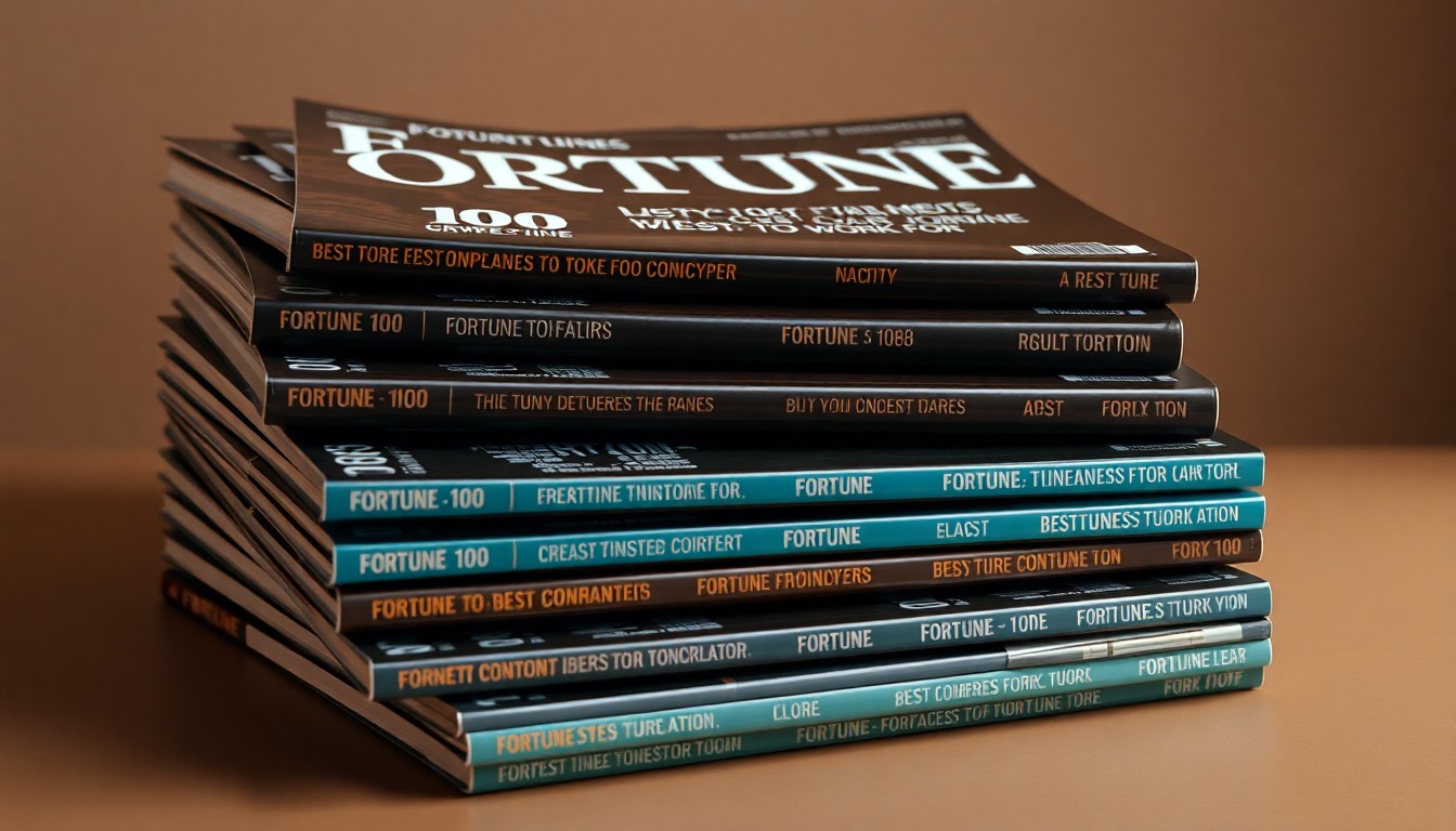 A high-quality, photorealistic studio still-life image featuring a stack of Fortune magazine covers in muted earth tones, conveying the prestige and authority of the Fortune 100 Best Companies to Work For list.