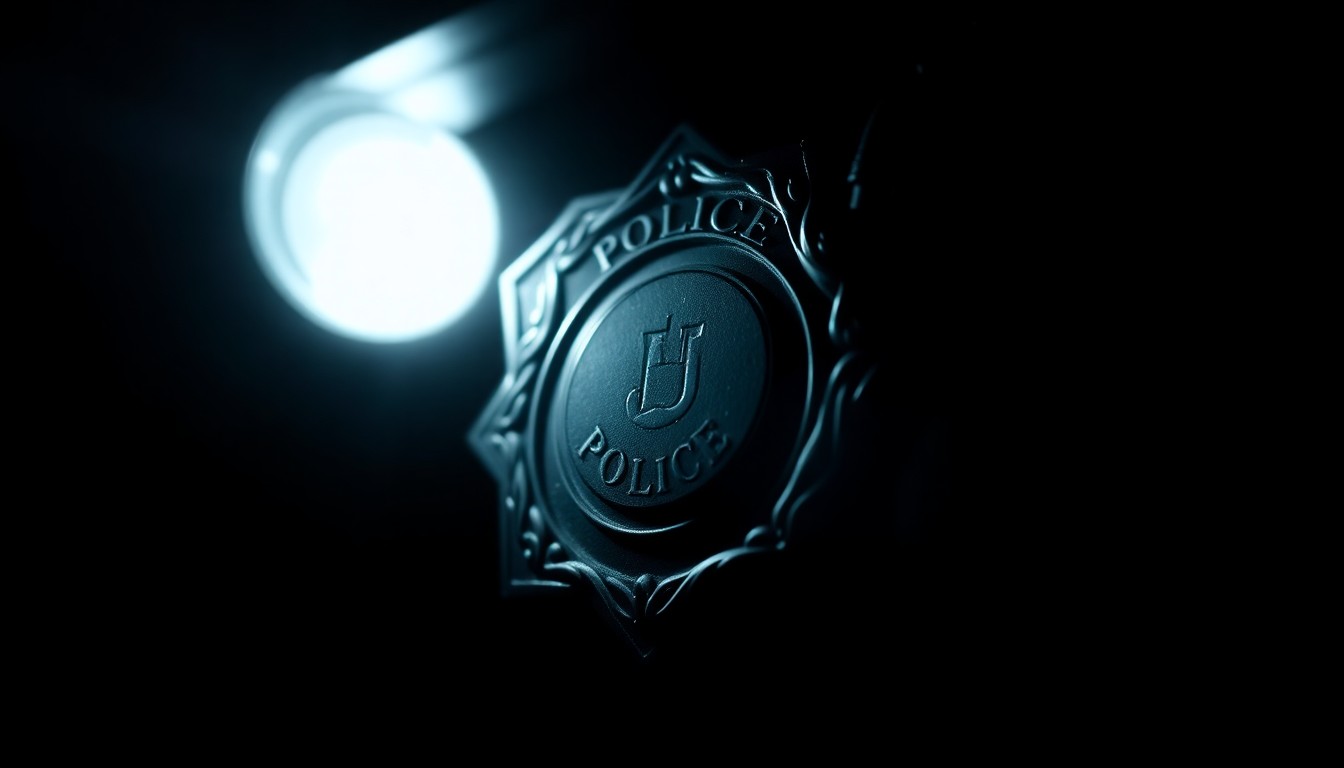 An extreme close-up photograph of a police badge or other law enforcement equipment, lit by a harsh, direct camera flash against a pitch-black background, creating a stark, gritty, investigative aesthetic.