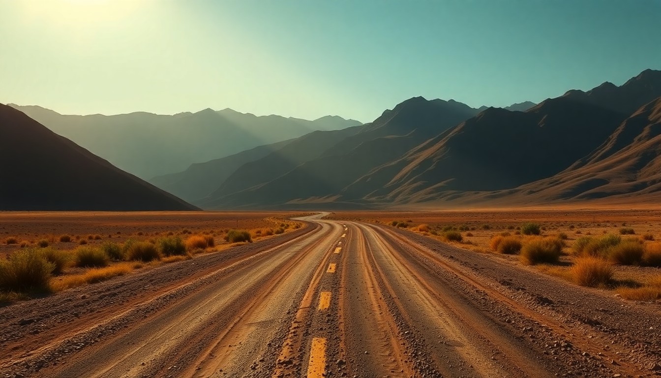 A serene, cinematic painting of a winding gravel road cutting through a remote, mountainous landscape, with warm sunlight and deep shadows creating a sense of solitude and nostalgia.