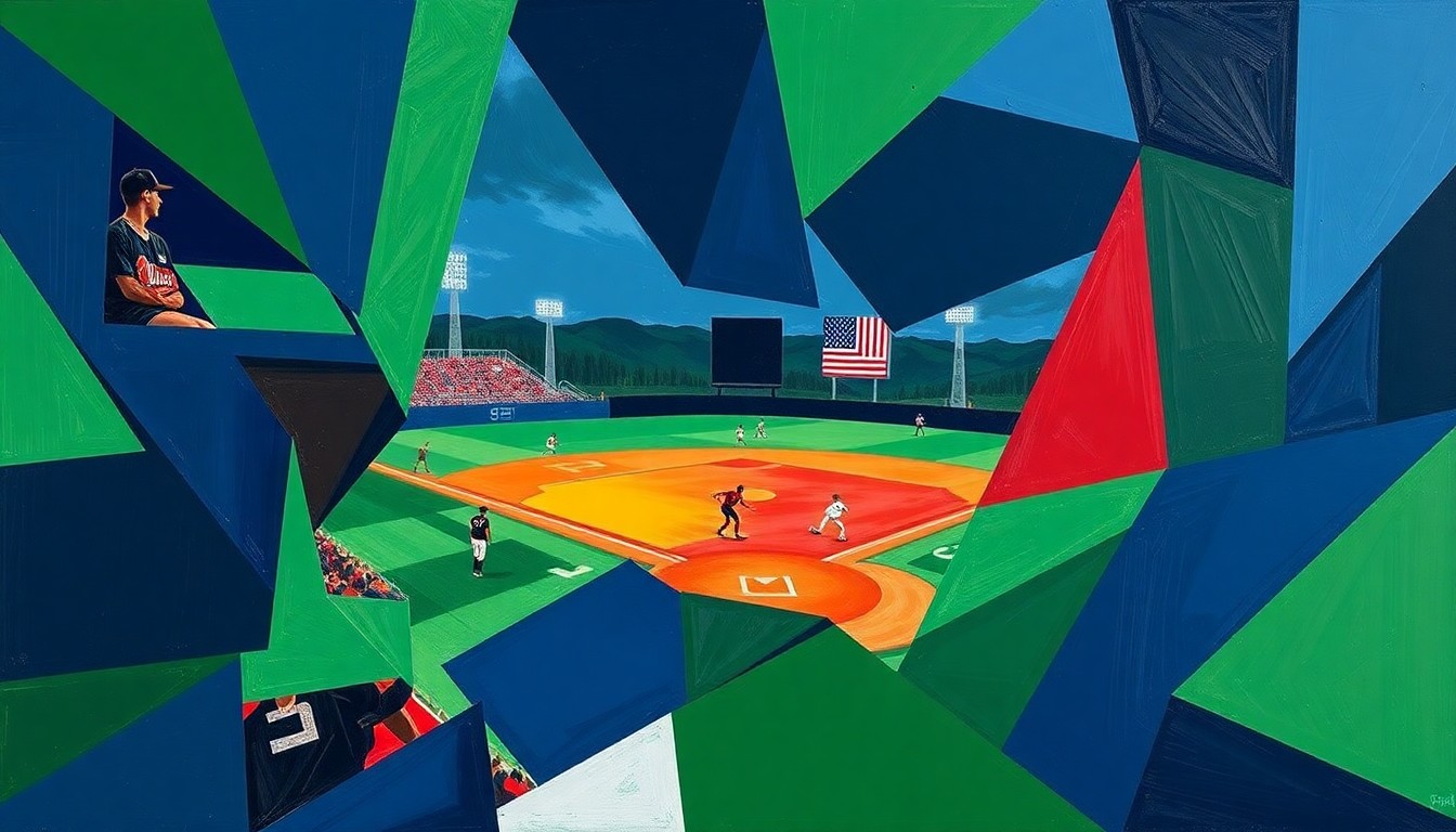 A fragmented, cubist-style painting depicting the action of a college softball game, with players and the field broken down into sharp, overlapping geometric shapes in navy, green, and red tones, conveying the disruption caused by unexpected weather conditions.