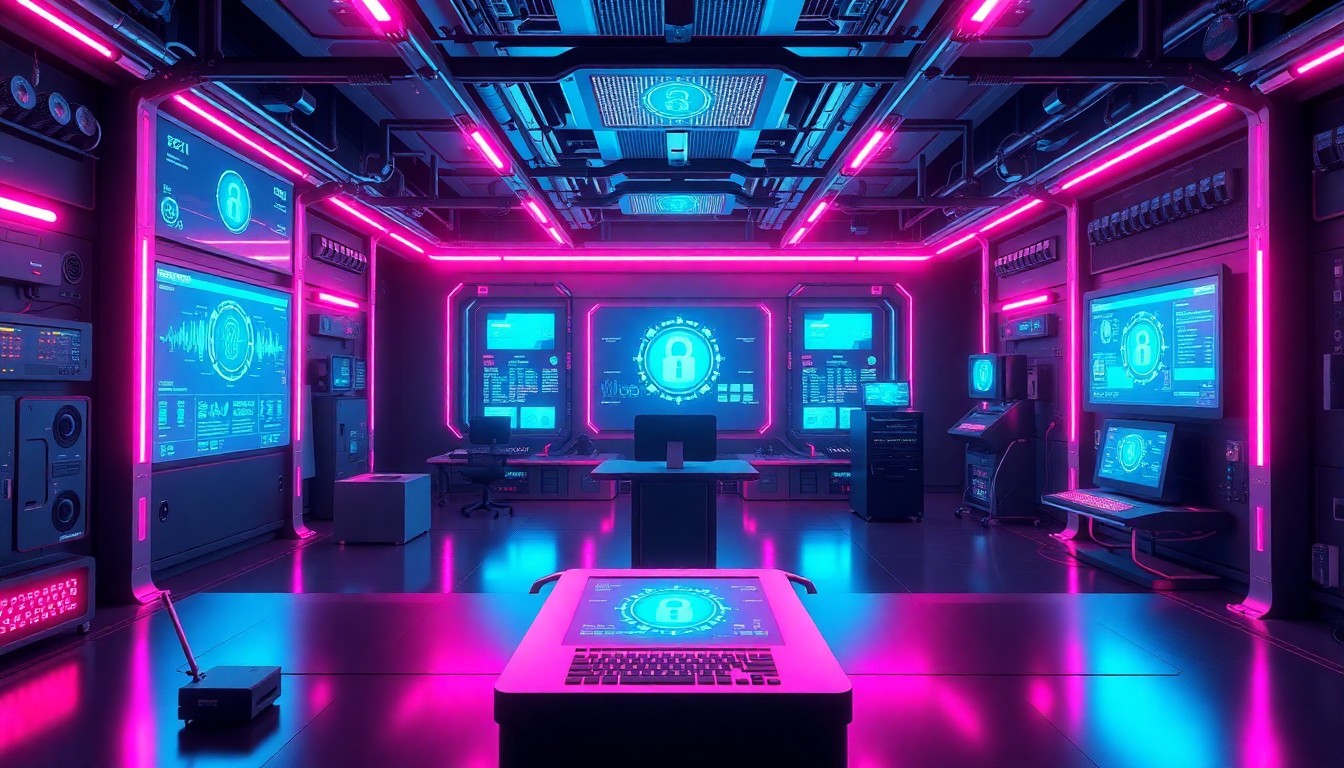 A highly detailed 3D illustration of a futuristic security control center, with glowing holographic displays, biometric scanners, and interconnected hardware components bathed in neon cyan and magenta lighting, conceptually representing the convergence of physical and digital security technology.