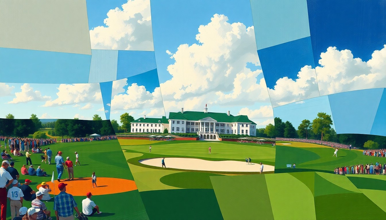 A cubist, geometric painting depicting a fragmented golf course scene with players, spectators, and the Augusta National clubhouse, rendered in shades of green, tan, and blue, conceptually representing the void left by the absence of two of golf's biggest stars.