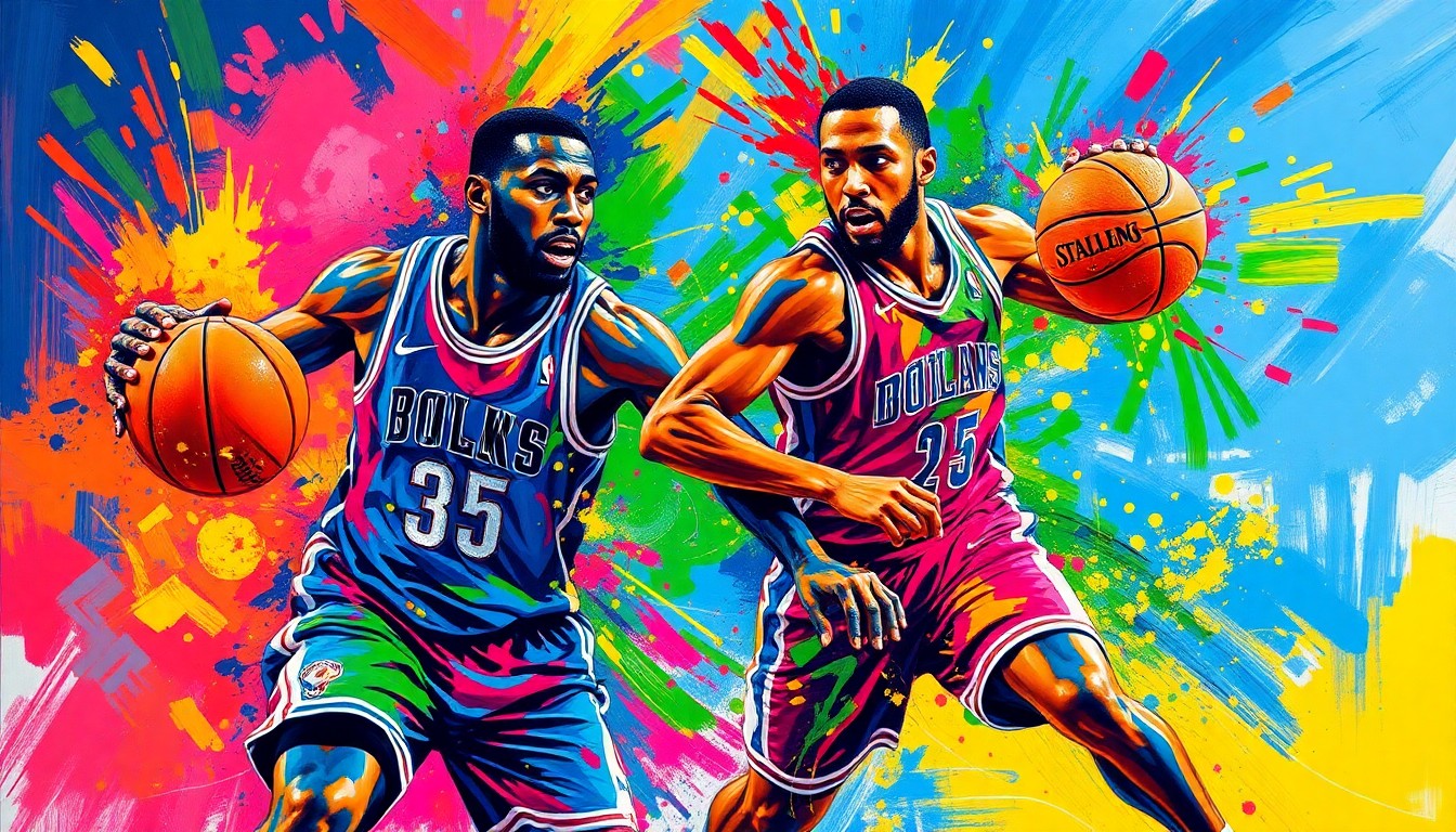 An abstract, expressionist painting in vibrant neon colors, capturing the dynamic movements and raw energy of two basketball players, their identities obscured by the bold, sweeping brushstrokes.