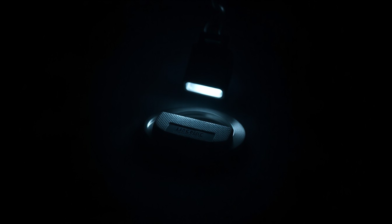 An extreme close-up photograph of a metal handcuff against a pitch-black background, lit dramatically by a harsh camera flash to create a stark, gritty, investigative aesthetic.
