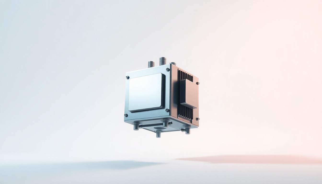 A photorealistic studio still-life image of a polished, geometric metal electrical substation component floating on a clean, monochromatic background, using dramatic lighting and shadows to represent the infrastructure behind powering a new data center.