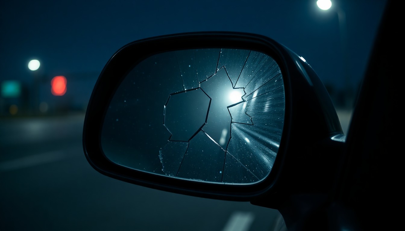 An extreme close-up photograph of a broken car side mirror reflecting a dim streetlight, conveying the gritty aftermath of a hit-and-run crash.