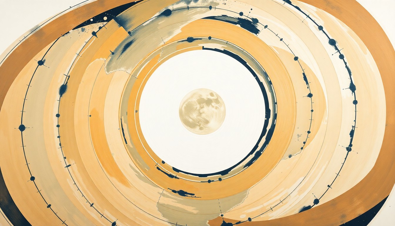 A highly structured abstract painting in earthy tones of ochre, sage, and indigo, featuring sweeping geometric arcs, concentric planetary circles, and precise botanical spirals, conceptually representing the complex trajectory of the Artemis II spacecraft on its journey to the moon and back.