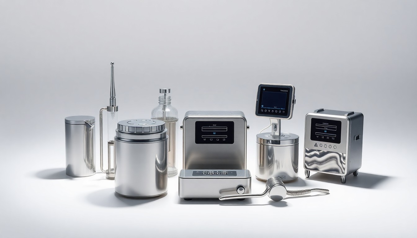 A high-end, photorealistic studio still-life featuring a collection of polished metal and glass sterilization monitoring devices arranged elegantly on a clean, white background, conceptually representing the critical role of these tools in ensuring sterile environments.