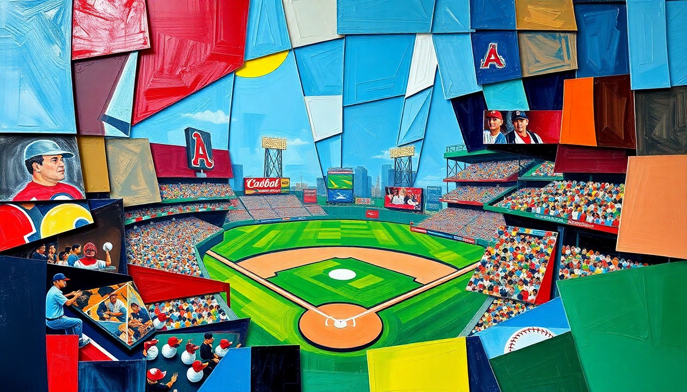 A fractured, geometric painting in bold colors depicting the action and energy of a baseball game, with players and the field deconstructed into sharp, overlapping planes.