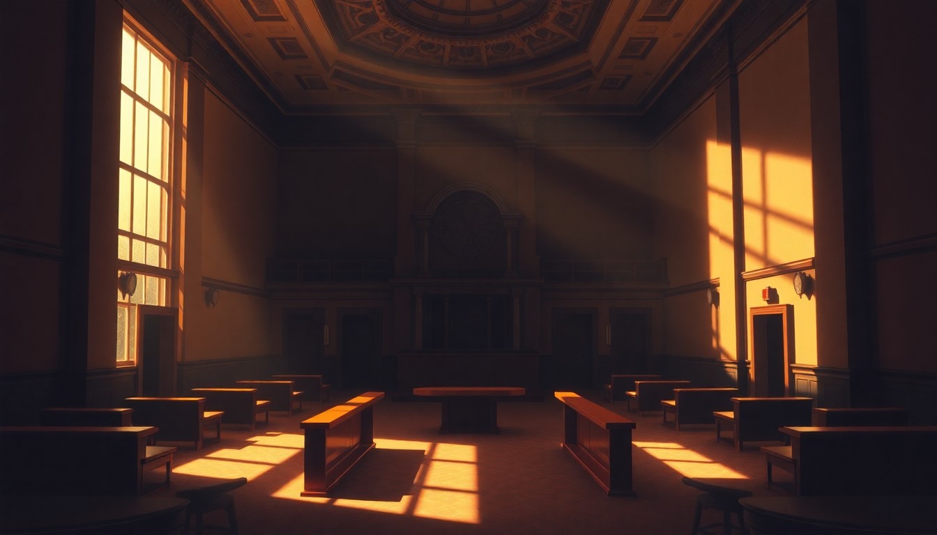 A dimly lit, cinematic painting of an empty city council chamber, with warm sunlight streaming in through the windows and creating deep shadows across the empty chairs and desks, conveying a sense of anticipation and change.