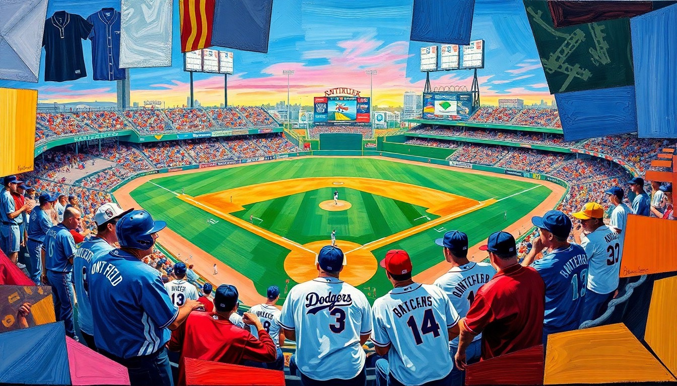 A cubist, geometric painting depicting an abstract baseball game, with sharp, overlapping planes of bright blue, red, and white colors representing the Ontario Tower Buzzers and Dodgers uniforms.
