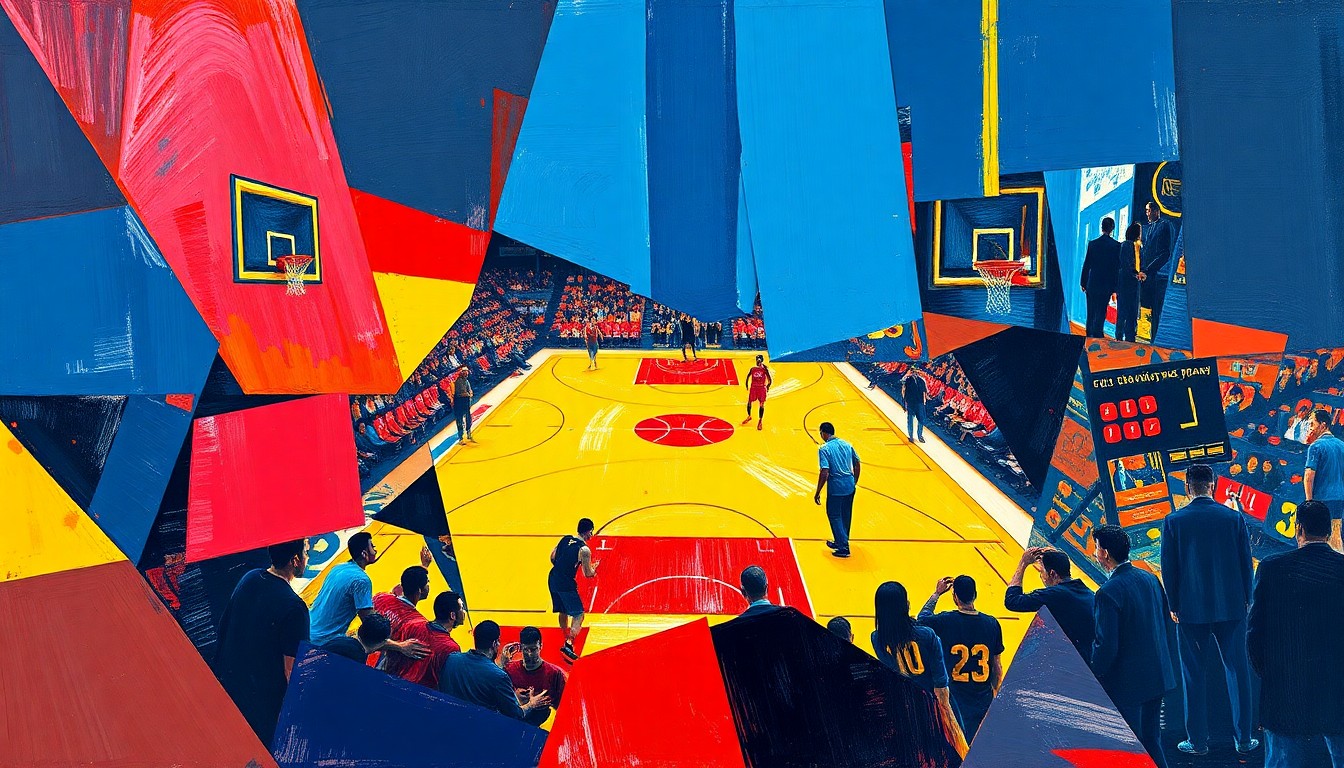 A cubist-style painting featuring sharp, overlapping geometric shapes in navy blue, crimson red, and bright yellow, conceptually representing the fragmented reactions to the Wizards' April Fools' Day stunt.