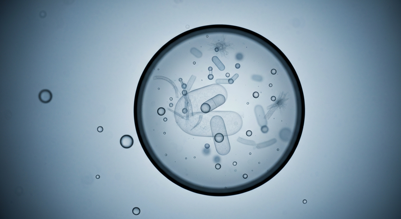 A ghostly, translucent X-ray image showing the internal structure of a water droplet, with faint outlines of microplastic particles and pharmaceutical molecules suspended within the liquid.