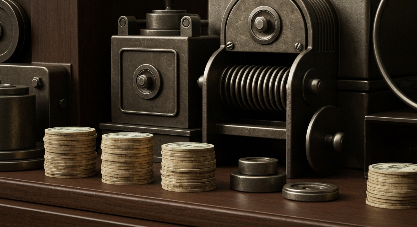 An extreme close-up of gears, levers, and other heavy industrial banking machinery, conveying a sense of financial security and institutional power without depicting any literal currency or financial symbols.