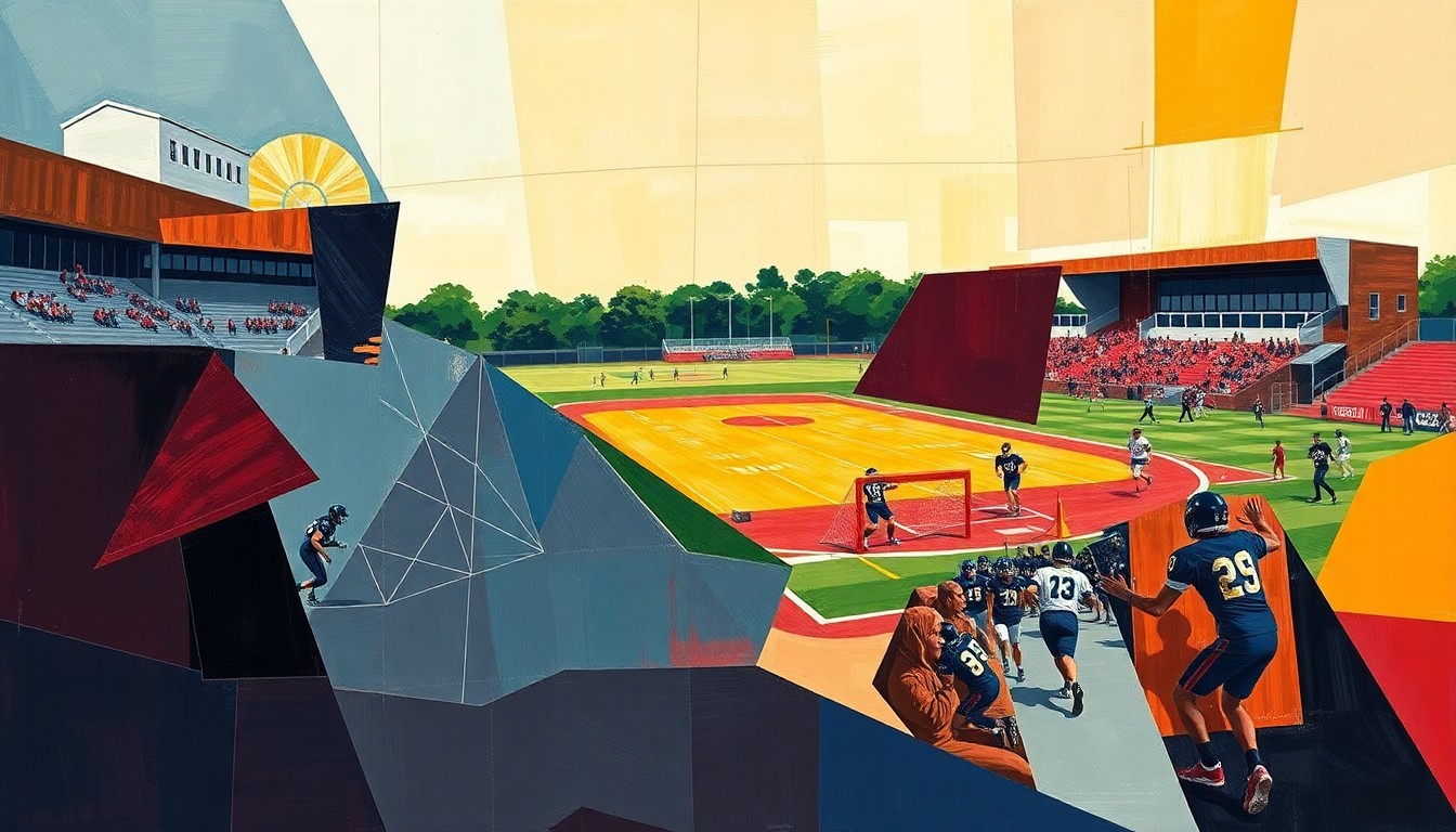 A cubist, geometric painting depicting fragmented scenes of a high school track meet, baseball game, and youth football practice, with overlapping planes of maroon, gold, and navy blue colors representing the local teams.