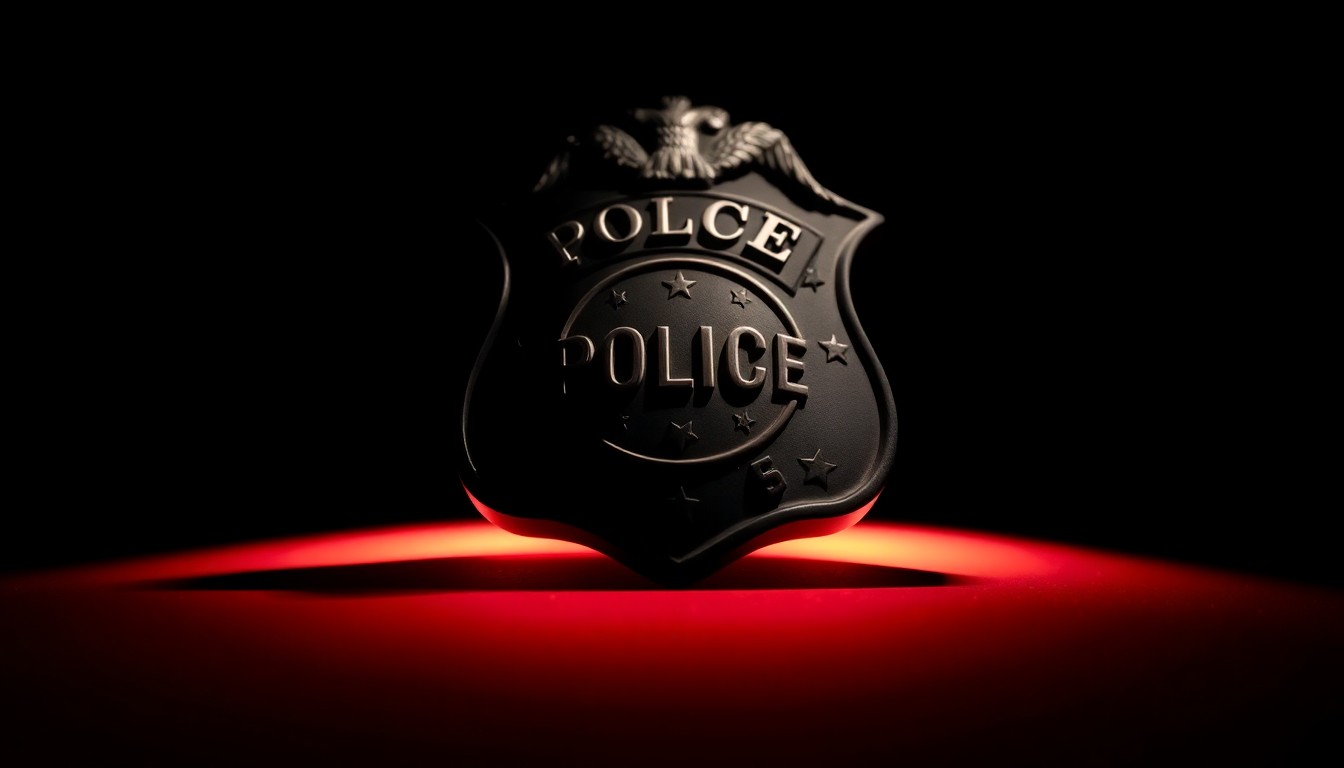 An extreme close-up photograph of a police badge or other law enforcement equipment, lit by a harsh, direct camera flash against a pitch-black background, creating a stark, gritty, investigative aesthetic.