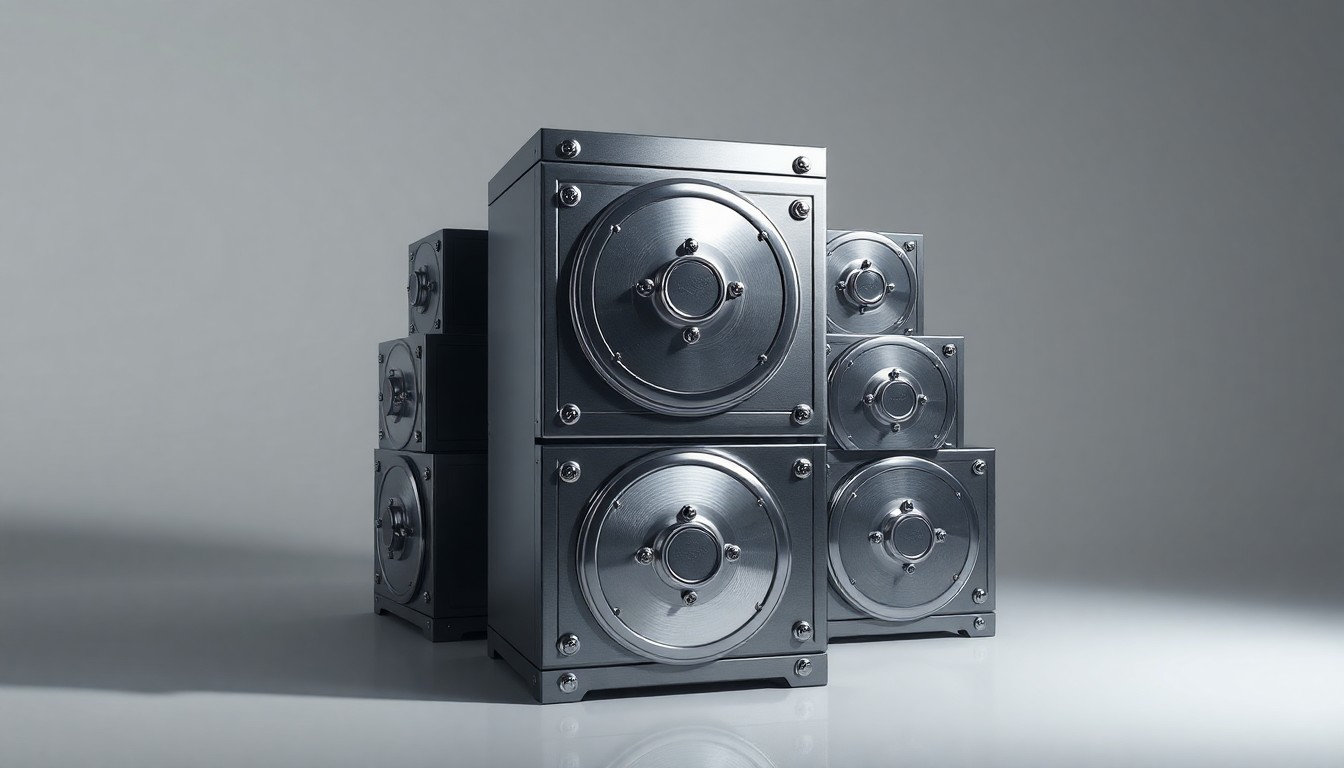 A minimalist, photorealistic studio still life featuring a stack of polished metal bank vault doors in shades of silver and charcoal grey, symbolizing the security and stability of the banking industry.